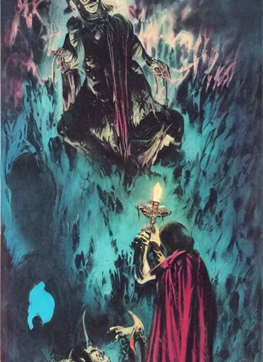 Prompt: carmilla vampire, gothic horror, by frank frazetta, candlelit catacombs, vibrant colors, teal and magenta