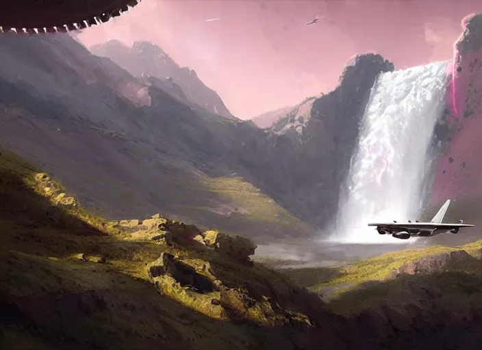 Image similar to Where ufo and aircraft fly in the sky. There is a high mountain and right next to it is a pink waterfall. Fantasy digital painting by Greg Rutkowski. Fantasy. Digital painting. Greg Rutkowski. Fantasy artwork.
