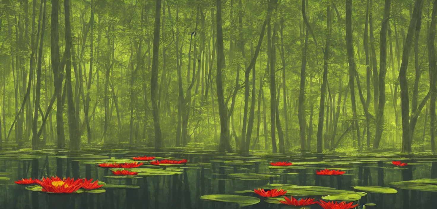 Image similar to a forest atmosphere floating on a large lily pad, photoillustration ink drawing acrylic art digital illustration oil on canvas photorealistic polished sci - fi filmic stock photo landscape polished photorealistic, by moebius and edward hopper, vivid bright light, colorful flat surreal design, hd, 4 k, artstation