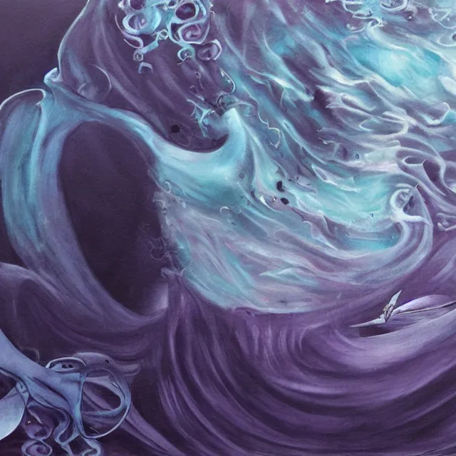 Image similar to dark purple, a female art student falling asleep, misty, iceberg, black paint, dark, sensual, dreamy, waves, swirls, blue drips, fish, blueberries, octopus, neo - impressionist, surrealism