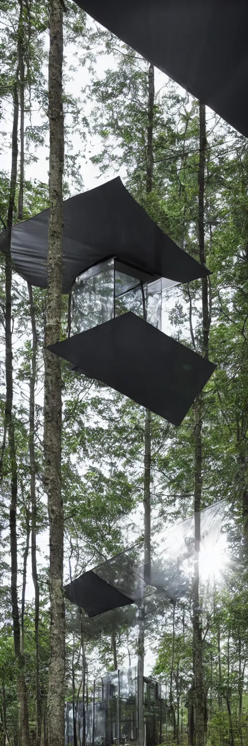 Prompt: https://s.mj.run/s6p8smV1pe8 interior photo of a crystalline glass house with translucent black mesh tarps, forest in the background, light coming through the window, light box, moody atmosphere