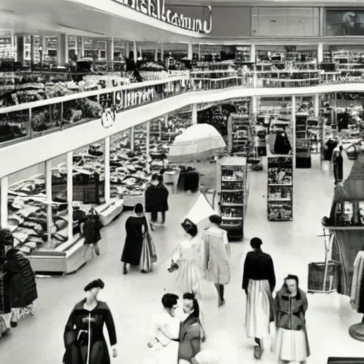 Prompt: a film still of a 1 9 5 0 s busy stockmann department store on a friday afternoon, beautiful photography