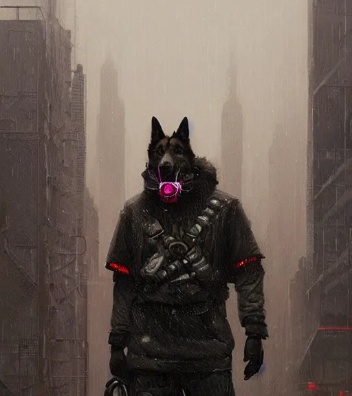 Image similar to new york city portrait of furry anthro anthropomorphic german shepard head animal person fursona wearing clothes strange cybernetic muzzle gloomy rainy cyberpunk digital art by Greg Rutkowski, Simon Stalenhag, christopher nolan trending on Artstation, CGSociety