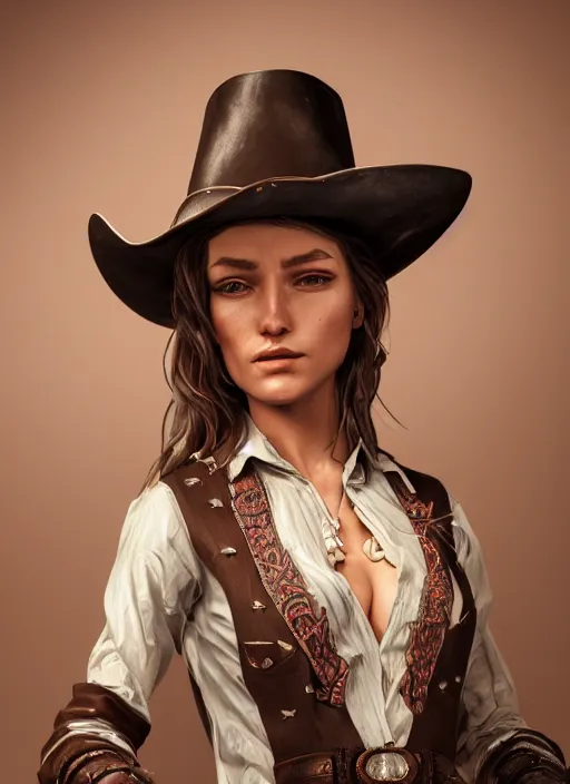 Image similar to detailed full body concept oil painting of a cowgirl, beautiful face, elegant pose, fantasy, illustration, insanely detailed and intricate clothing, octane render, 4k