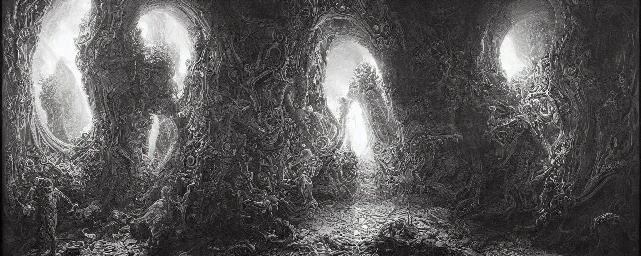 Prompt: into the mirrorverse, biomechanical, volumetric lighting, volumetric shadows, vibrant psychedelic colors, realistic oil painting by gustave dore, - h 6 4 0,