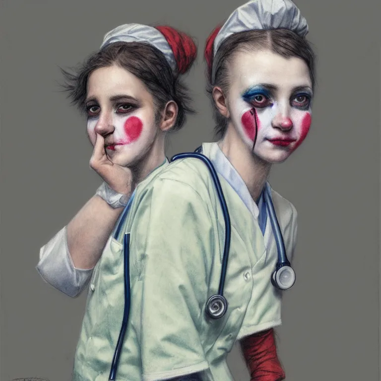 Image similar to clowncore pastel punk young hospital nurse wearing stylish uniform. detailed, portrait, 8 k, artwork by jean - baptiste monge