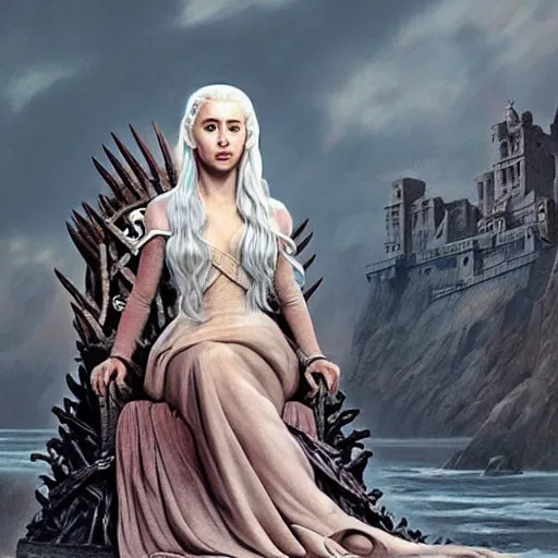 Image similar to A very beautiful Danaerys Targaryen from Game of Thrones HBO is sitting on the Iron Throne, intricate, highly detailed, fullbody, artstation, concept art, smooth, sharp focus, illustration, art by greg rutkowski and orientalism and bouguereau and Zdzislaw Beksinski, good clear quality, lighting, biology, symmetrical artwork, perfect face, 135 mm, cinematic, hyper realism, high detail, octane render, 8k, chrome accents