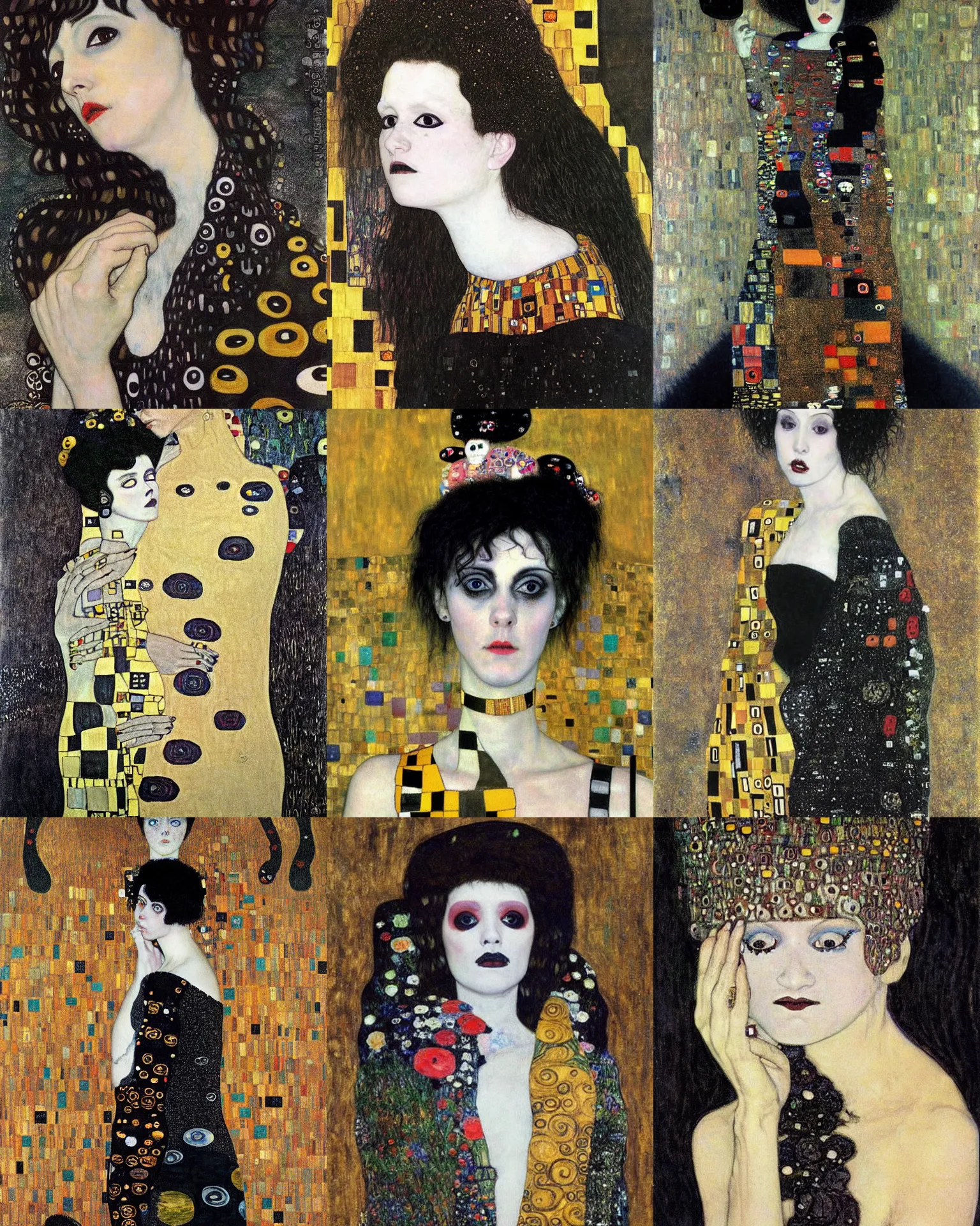 Prompt: A goth painted by Gustav Klimt. She has large evil eyes with entirely-black sclerae!!!!!! Her hair is dark brown and cut into a short, messy pixie cut. She has a slightly rounded face, with a pointed chin, and a small nose. She is wearing a black leather jacket, a black knee-length skirt, a black choker, and black leather boots.