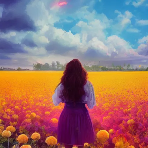 Image similar to giant dahlia flower head, full body girl standing in a flower field, surreal photography, sunrise, dramatic light, impressionist painting, colorful clouds, digital painting, artstation, simon stalenhag