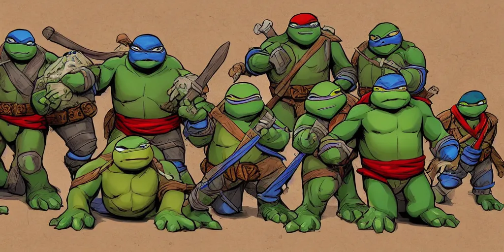 Image similar to medieval teenage mutant ninja turtles comics trending on artstation