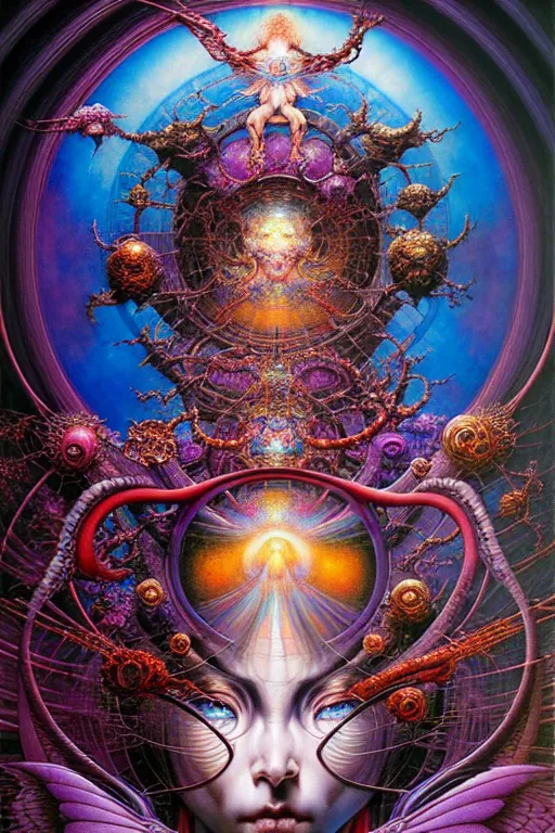 Prompt: realistic detailed image of a gatekeeper of worlds by lisa frank, ayami kojima, amano, karol bak, greg hildebrandt, and mark brooks, neo - gothic, gothic, rich deep colors. beksinski painting, part by adrian ghenie and gerhard richter. art by takato yamamoto. masterpiece