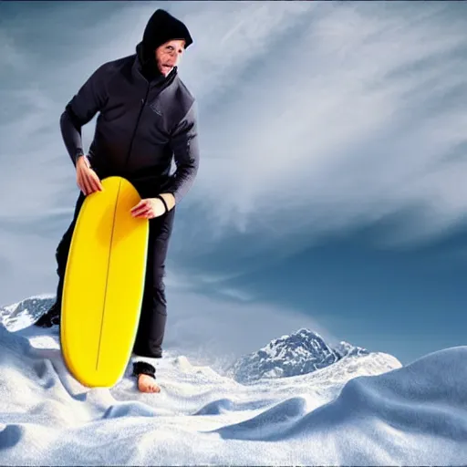 Image similar to man riding a yellow surfboard down a snowy mountain, high quality, hyper realistic, dramatic