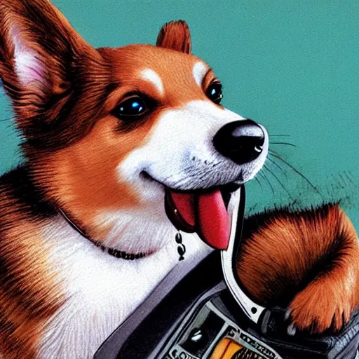 Prompt: corgi dog with a old telephone in his ear by ron walotsky