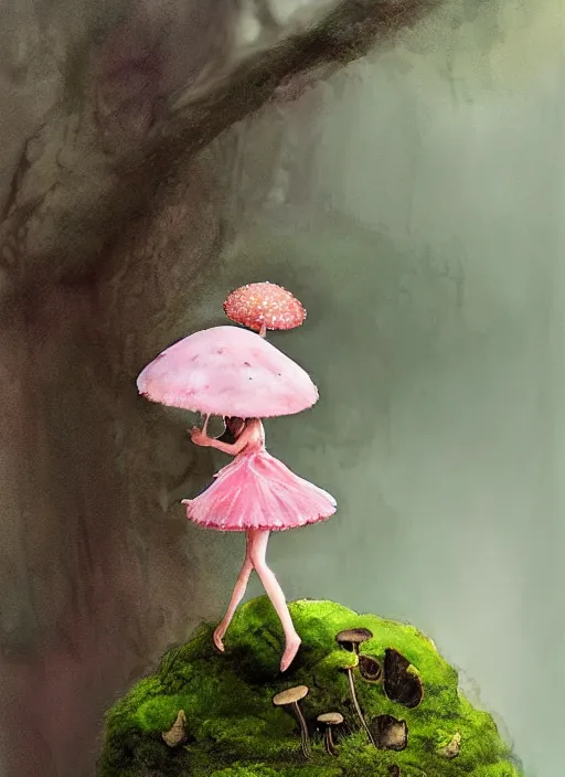 Image similar to A tiny female tree sprite with a tattered pink tutu, mushroom umbrella, moss, dewdrops, watercolor, dramatic lighting, cinematic, establishing shot, extremely high detail, foto realistic, cinematic lighting, pen and ink, intricate line drawings, by Yoshitaka Amano, Ruan Jia, Kentaro Miura, Artgerm, post processed, concept art, artstation, matte painting, style by eddie mendoza, raphael lacoste, alex ross,