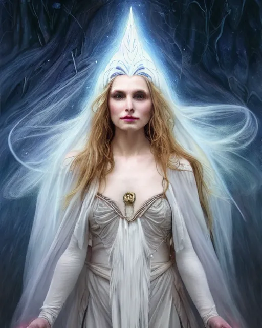 Image similar to realistic wide angle portrait of a beautiful white witch, standing, crafting spells, bright witch, beautiful face, fantasy, chaos, magic, dark magic, dramatic lighting, intricate, wild, highly detailed, digital painting, artstation, concept art, smooth, sharp focus, illustration, art by artgerm and greg rutkowski and alphonse mucha, footage from space camera