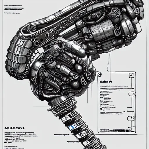 Prompt: auto as style parts diagram of a cybernetic arm with parts labeled, intricate and detailed assembly drawing of a cybernetic arm 🤖🦾, photorealistic, symmetrical fine details, jaw dropping details, fantasy concept art, hyper realistic illustration, 8 k, artstation