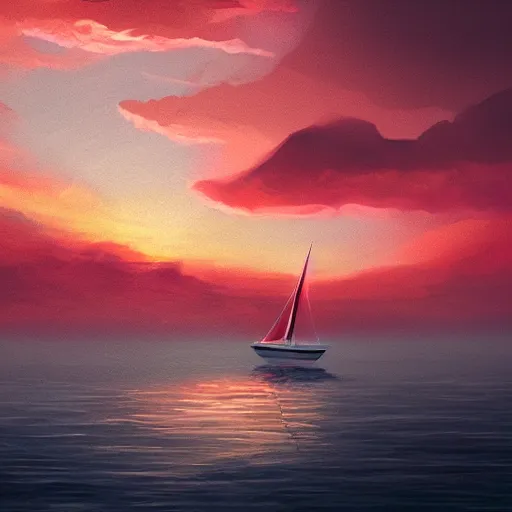 Image similar to a small sailboat flying through the sky, fluffy clouds, red-pink sunset, floating, fantasy, concept art, illustration, artstation award, bright