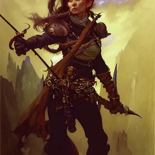 Prompt: highly detailed portrait of a fantasy rogue in the form of a beautiful halfling. d & d. art by donato giancola, eugene delacroix, ruan jia, carl larsson, peter mohrbacher. trending on artstation, intricate details, energetic composition, concept art, illustration, elegant art, global illuminaition