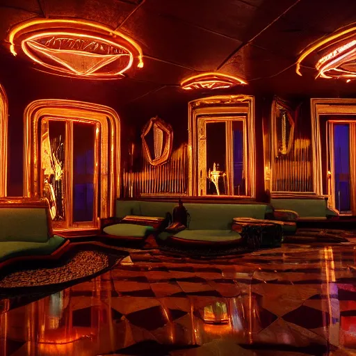 Image similar to wide angle photo of 60‘s great lounge baths interior from eyes wide shut, with golden intricate details and subtle lights, neon-decorated urban on night in the city seen through the windows,modern interior design, architectural design, vintage, night blade runner, dark, postapocalyptic, clean lines, 4k, octane, colorful ,lunarcore city seen at distance outside, big windows,octane, wide angle