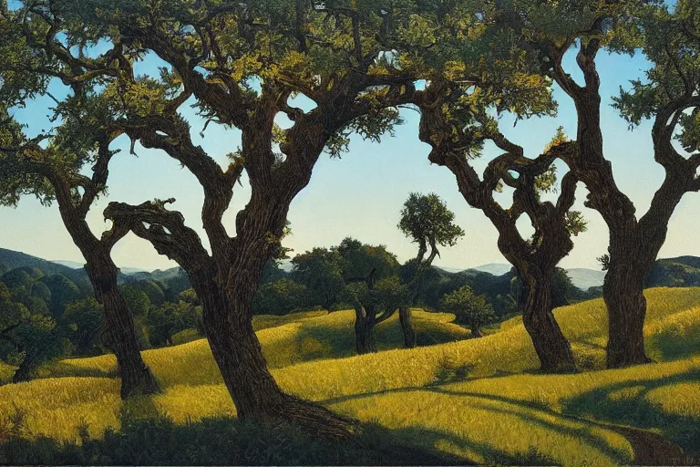 Image similar to masterpiece painting of oak trees on a hillside overlooking a creek, dramatic lighting, by edward okun