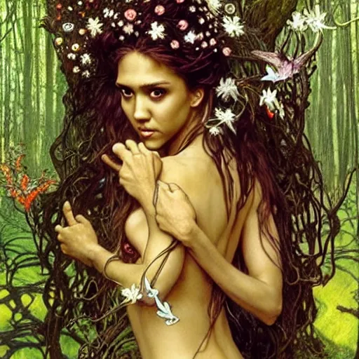 Image similar to head and shoulders portrait of a flowering fey fairy warlock portrayed by young jessica alba, in a magical forest, d & d, fantasy, luis royo, magali villeneuve, donato giancola, wlop, krenz cushart, hans zatka, klimt, alphonse mucha