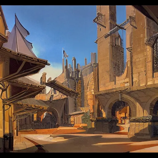 Image similar to Medieval city designed by Syd Mead