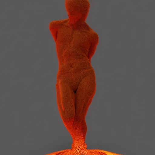 Image similar to 3D human abstract sculpture made out of molten lava, CGSociety, photorealistic, highly detailed, sharp, not blurry, ultra-photorealistic, postprocessing, photography by Man Ray and David Hockney, Full Colour, HDR, 8k
