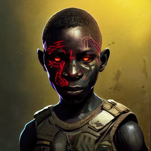 Image similar to a dark and ominous cyborg african child soldier with glowing eyes and facial scarification marks, Apex Legends character digital illustration portrait design, by android jones and greg rutkowski in a cyberpunk voodoo style, retrowave color scheme, detailed, cinematic lighting, wide angle action dynamic portrait