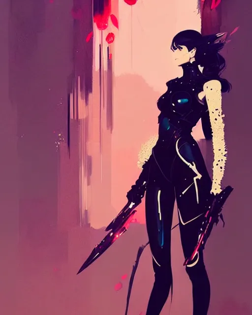 Image similar to a ultradetailed beautiful painting of a stylish woman wearing black armor, by conrad roset, greg rutkowski and makoto shinkai trending on artstation