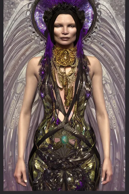 Prompt: a realistic photo of a beautiful ancient alien woman goddess kate moss in jewelery and fractals in style of alphonse mucha art nuvo trending on artstation made in unreal engine 4