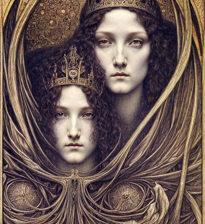 Image similar to detailed realistic beautiful young medieval queen face portrait by jean delville, gustave dore and marco mazzoni, art nouveau, symbolist, visionary, gothic, pre - raphaelite. horizontal symmetry