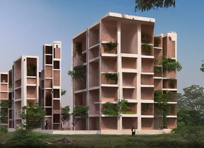 Image similar to low - cost housing designed by architect b v doshi, contemporary indian architecture style ; realistic, detailed, cel shaded, in the style of makoto shinkai and greg rutkowski and james gurney