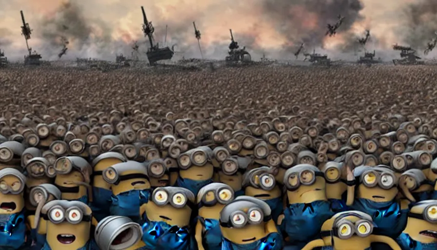 Image similar to millions of minions fighting the nazis during d - day, still from dreamworks movie