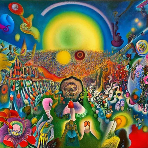 Prompt: a hd surrealism painting of a large crowd of cult worshippers surrounded by flowers by dali and kandinsky, ultra detailed, 8k