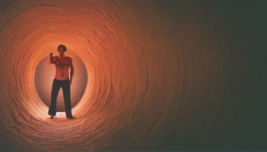 Prompt: 1 9 7 0 s movie still of a man in a barque in a fleshtunnel, cinestill 8 0 0 t