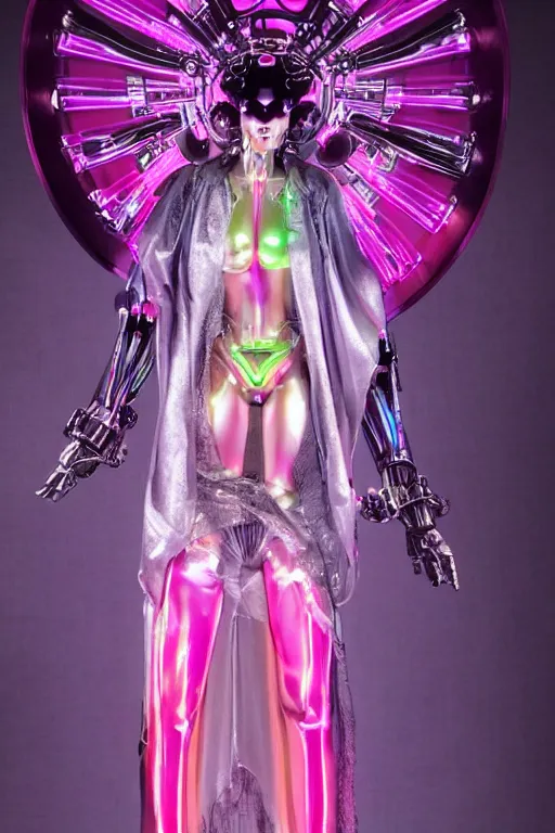 Prompt: full-body baroque and bladerunner style pink neon and chrome statue of a beautiful pale priestess robot goddess humanoid wearing a see-through silk kimono, falling from the ceiling, glowing peach face, street hoody of red steampunk lasers, emeralds, swirling silver silk fabric. futuristic elements. oozing glowing liquid, full-length view. space robots. human skulls. throne made of bones, intricate artwork by caravaggio. Trending on artstation, octane render, cinematic lighting from the right, hyper realism, octane render, 8k, depth of field, 3D