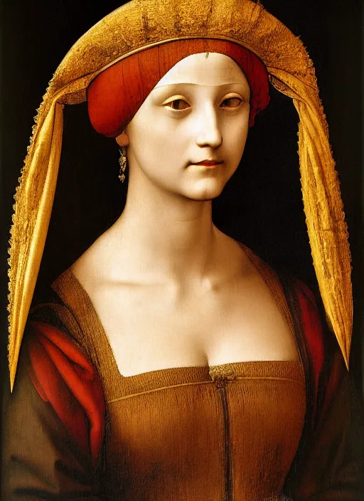 Image similar to portrait of young woman in renaissance dress and renaissance headdress, art by leonardo da vinci