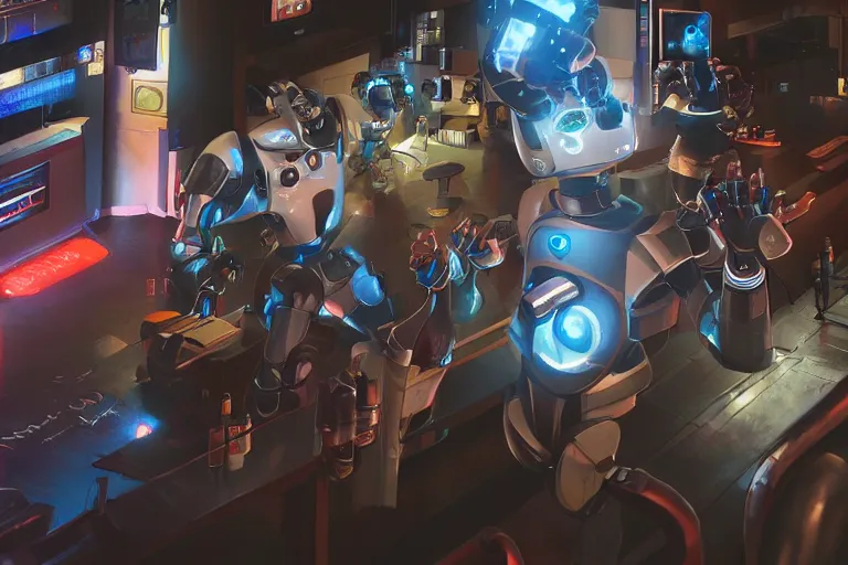 Image similar to robots socializing with each other at a local bar, octane render, rtx, unreal engine 5, digital painting, trending on artstation, highly detailed, epic composition, 8 k uhd