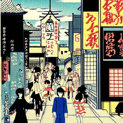 Image similar to the melancholic village of osaka by osamu tezuka, trending on pixiv