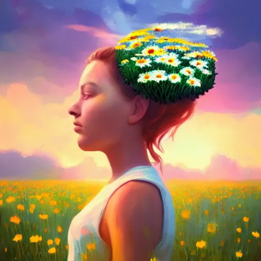 Image similar to girl with a giant daisies head, surreal photography, flower field, sunset dramatic light, impressionist painting, colorful clouds, blue sky, digital painting, artstation, simon stalenhag