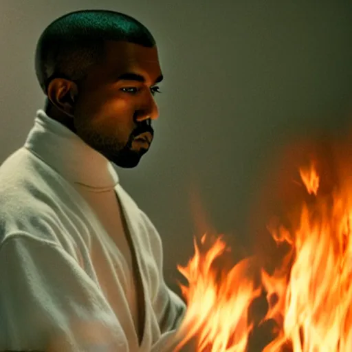 Image similar to cinematic film still of Kanye West starring as a Japanese Sensei with fire, Japanese CGI, VFX, 2003, 40mm lens, shallow depth of field, film photography