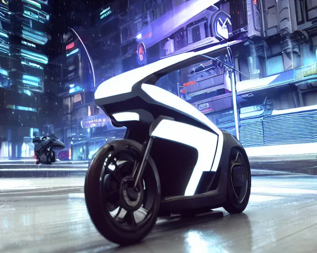 Prompt: off angle beautiful Product shot film still of a halo Mass effect futuristic modern electric tron motorcycle speeding down a wet street at night in cyperpunk city, motion, hard surface modeling, blade runner, octane, Ian Callum, Giorgetto Giugiaro, Leonardo Fioravanti , low polygon, chrome, trending on artstation, unreal, redshift, 3d model, 8k