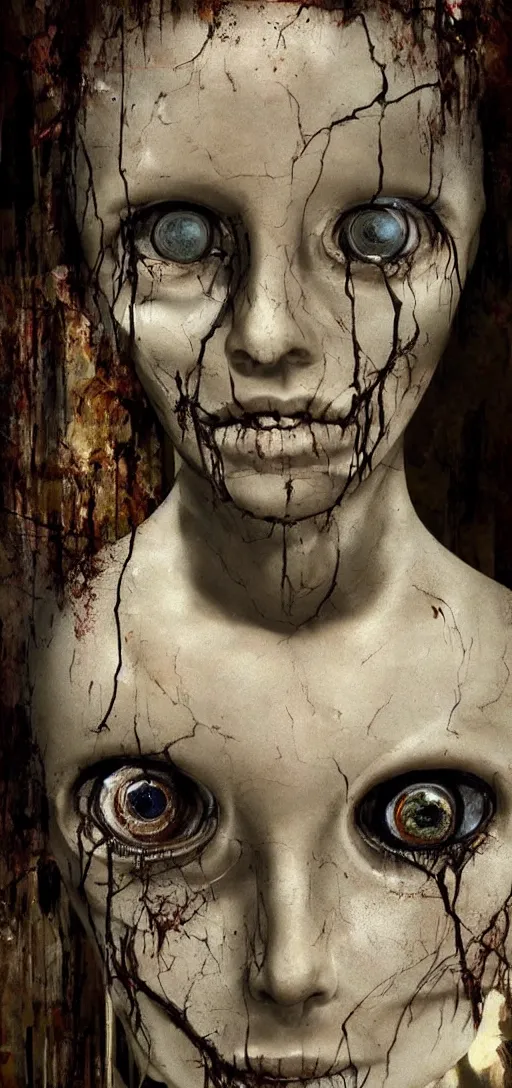 Image similar to old rotting mannequin staring at center of screen with wide large eyes, horror art, body horror, disturbing, intense, artstation, dramatic, scary, 4K, realistic,