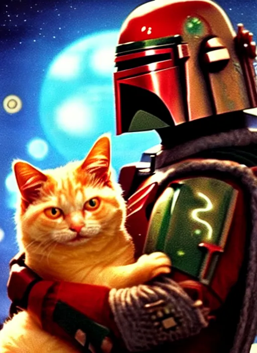 Prompt: film still of boba fett holding a fat ginger cat in his arms, star wars, beautiful glowing lights, planets in background, sci - fi, stunning, intricate, elegant. highly detailed