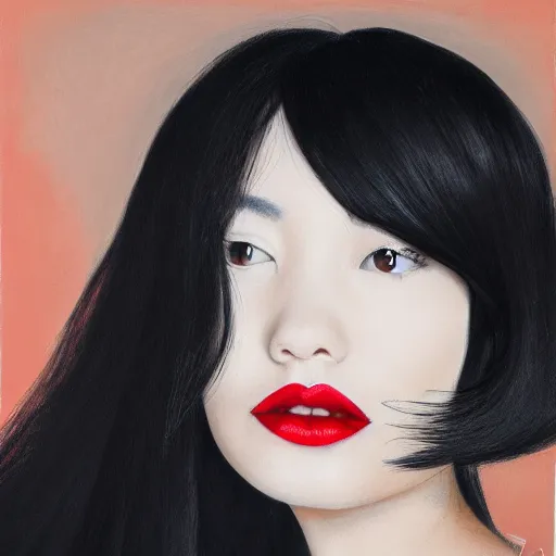Prompt: a woman with black hair and a red lipstick, a photorealistic painting by wang duo, featured on cg society, photorealism, behance hd, ultrafine detail, high detail
