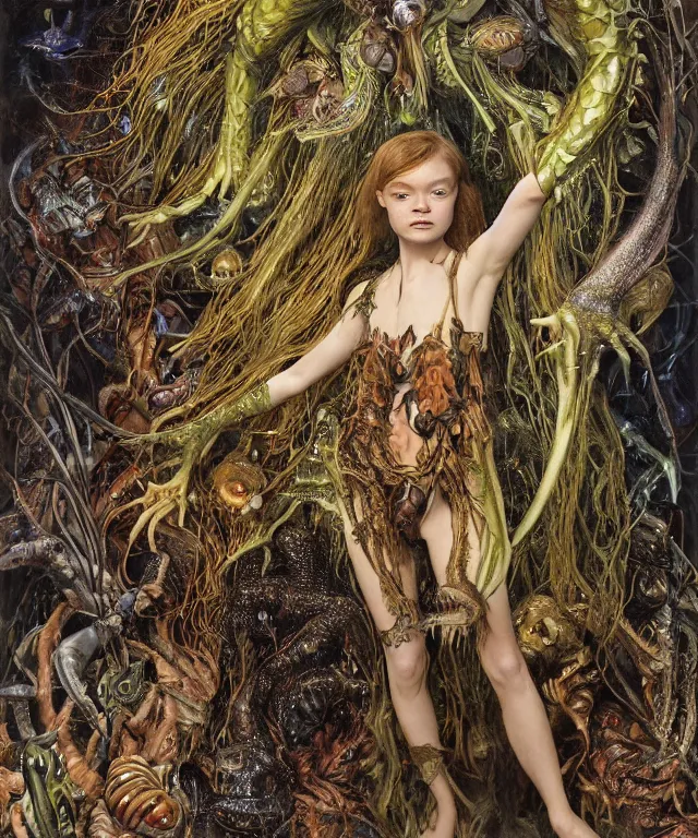 Prompt: a portrait photograph of a fierce sadie sink as an alien harpy queen with slimy amphibian skin. she is trying on black latex bulbous slimy organic membrane parasitic opera gloves and transforming into an insectoid amphibian. by donato giancola, walton ford, ernst haeckel, brian froud, hr giger. 8 k, cgsociety