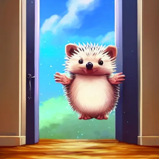 Image similar to cute adorable hedgehog opening the door, waving, smiling, cute, hedgehog, by cyril rolando