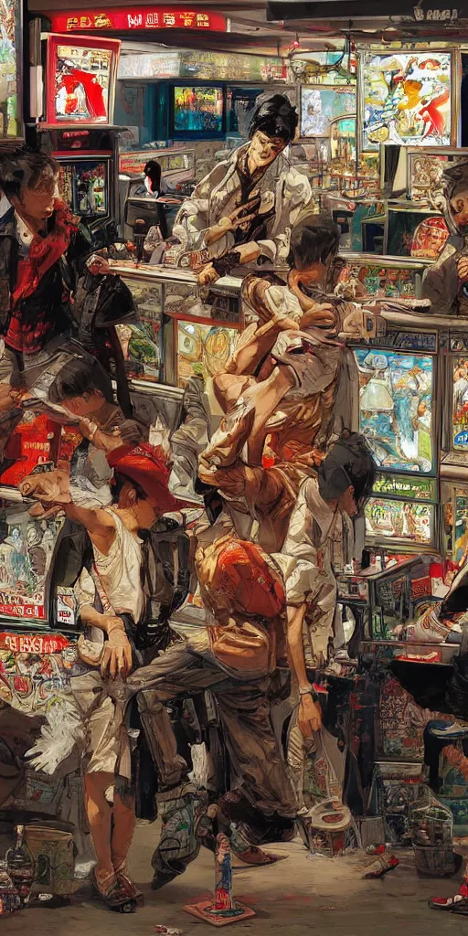 Image similar to oil painting scene from amusement arcade by kim jung gi