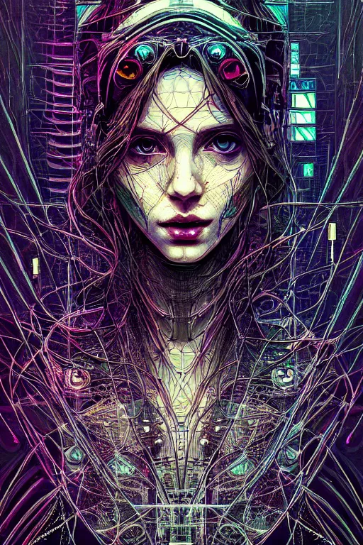 Image similar to dreamy cyberpunk girl, abstract mirrors, digital nodes, beautiful woman, detailed acrylic, grunge, intricate complexity, by dan mumford and by alberto giacometti, arthur rackham