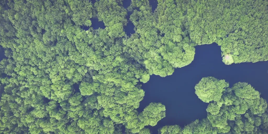 Prompt: lake with black water view from above, sky